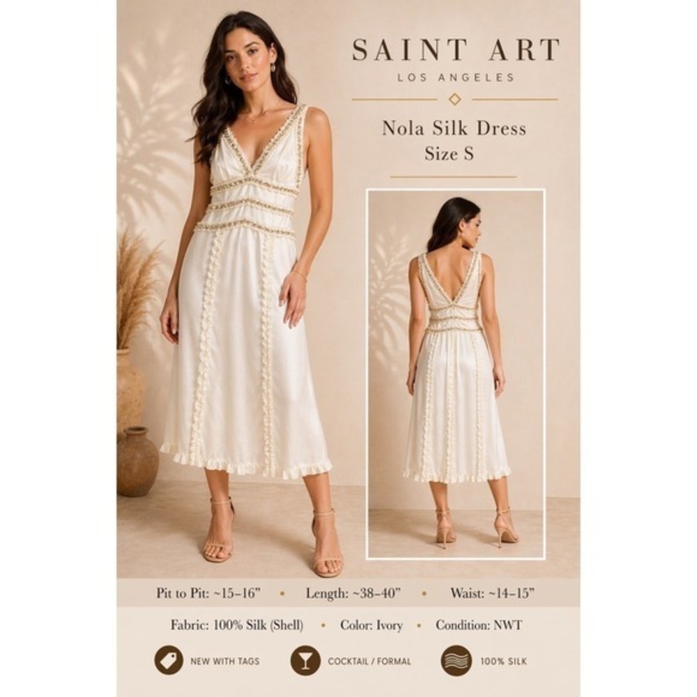 Saint Art Nola Silk Dress Ivory Crystal Embellished Midi Wedding Guest Small NWT